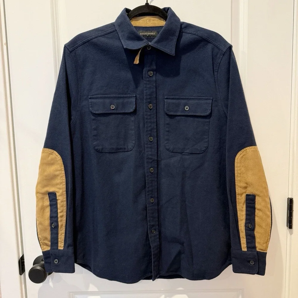 Banana Republic Mens Moleskin Button Up Shirt Small Navy Thick Elbow Patch